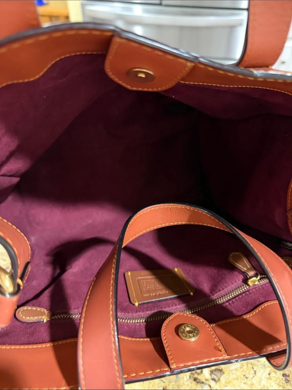 Coach Brown Signature Tote with Wine Leather Trim and Floral Wallet